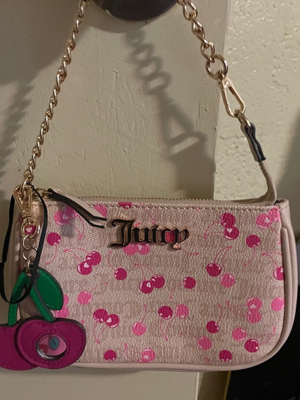 Juicy Couture Pink Cherry Print Mini Shoulder Bag with Gold Hardware